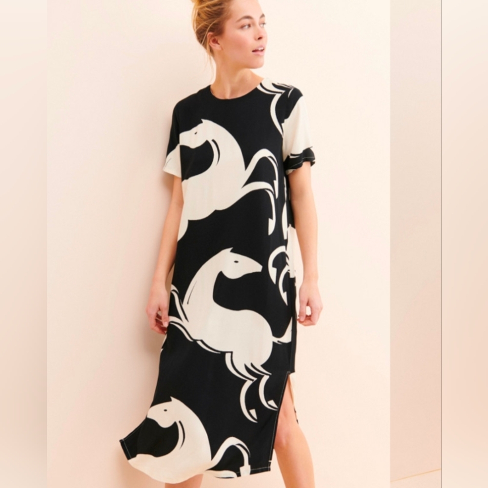 Black and Cream Horse Print Midi Dress